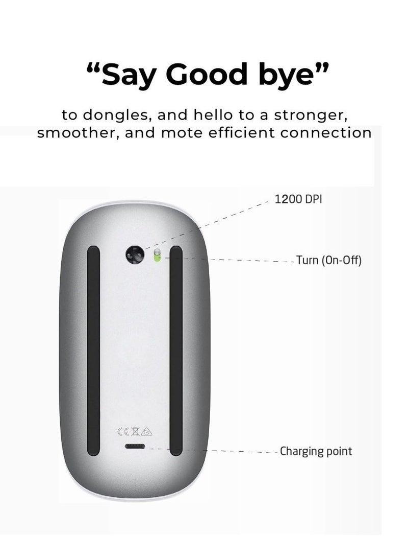 جلاسولوجي Magic Rechargeable Wireless Touch Scroll Optical Mouse Strong Bluetooth 5.1 Connection 1200 DPI Precision Sensor Ambidextrous Design for iPad iMac Desktop & Laptop in Elegant White - Image 4